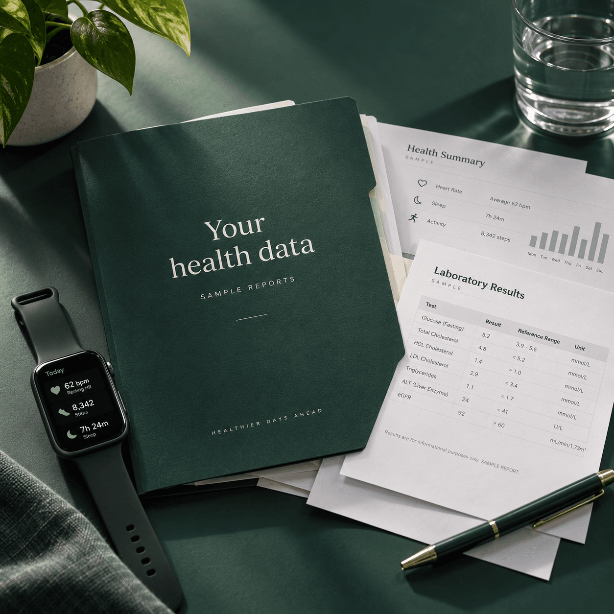 A personal health folder with laboratory reports and a smartwatch