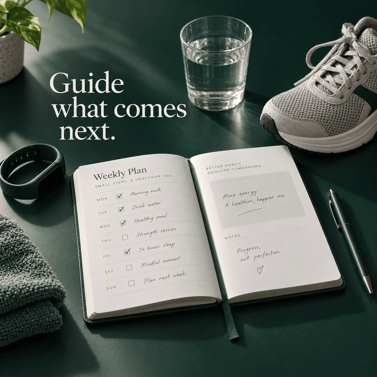 A weekly wellness planner with walking shoes, water, and a wearable