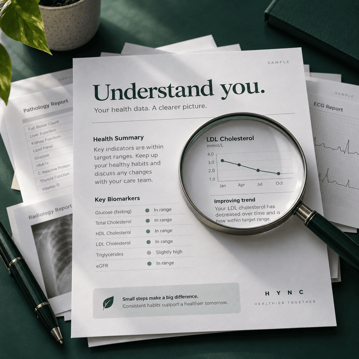 A magnifying glass over a printed health summary and biomarker trend