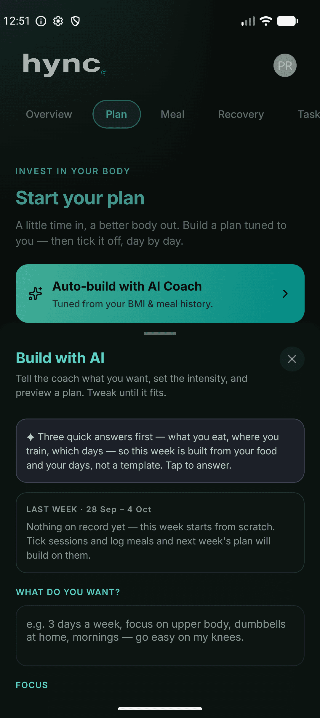 Hync AI workout builder with personal goals and training preferences