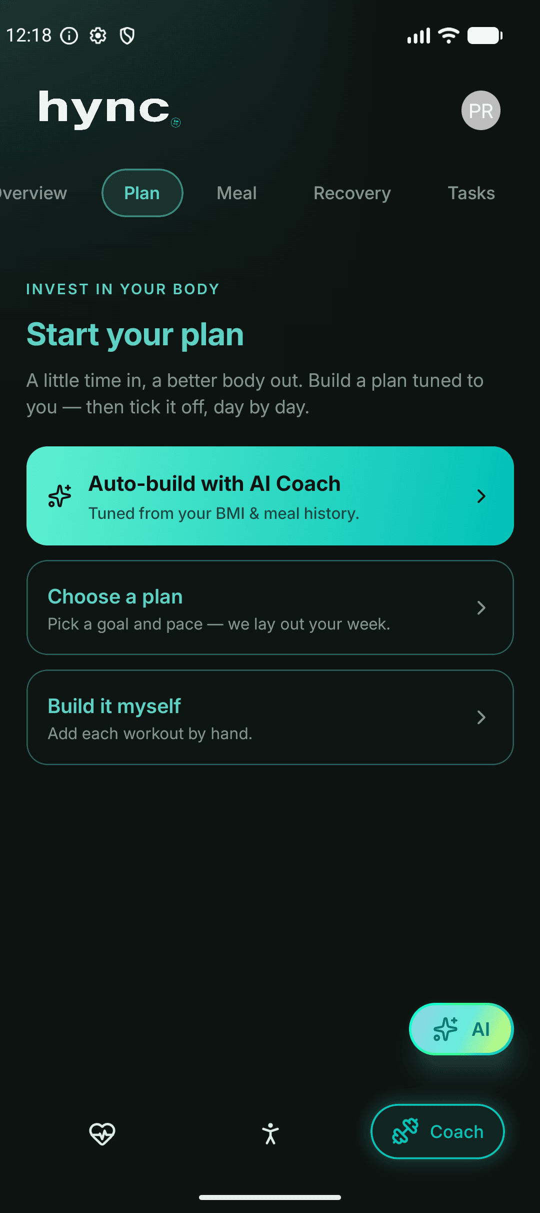 Hync Coach with AI and manual plan options