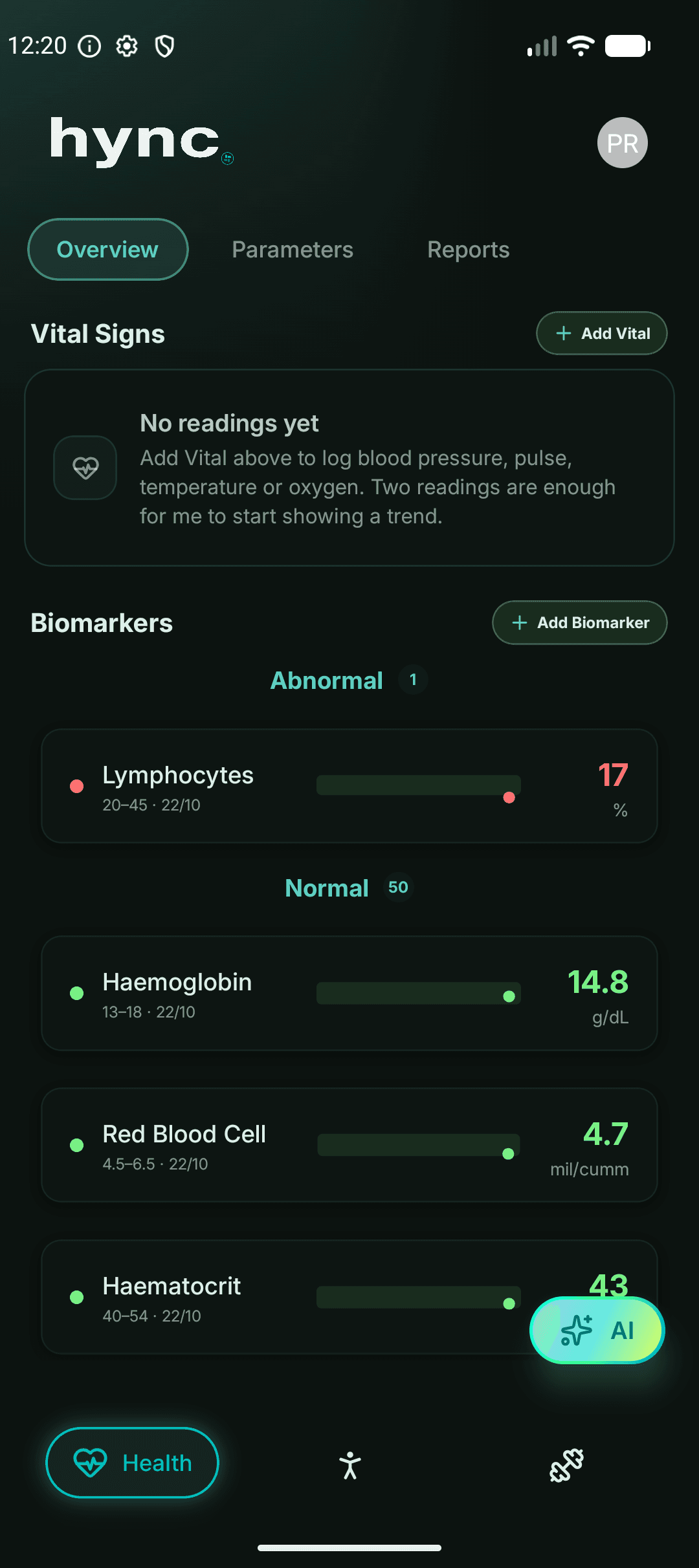 Hync Health main screen