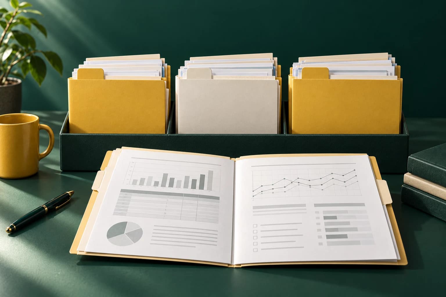 Ivory and yellow health record folders with an open report on a green studio desk