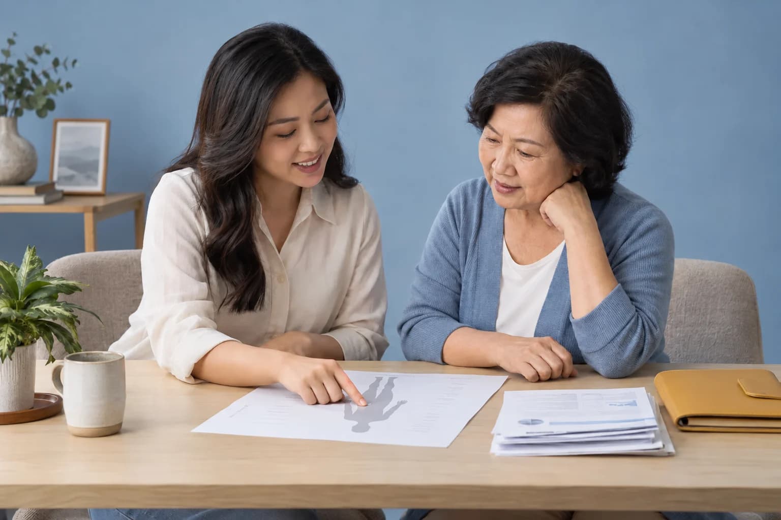 A daughter and her mother discussing a printed body diagram and personal health records on a soft blue studio set