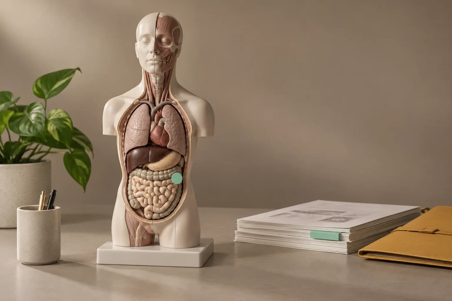 An ivory body model with a mint reference marker beside linked records on a taupe studio set