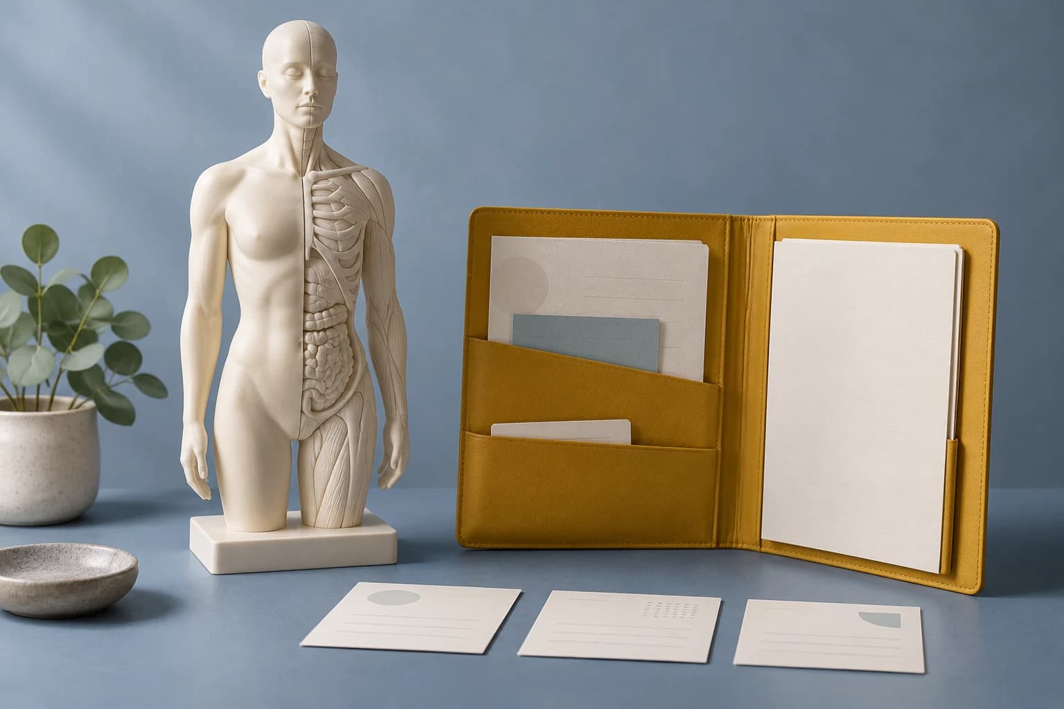 An ivory body model and personal record cards on a dusty-blue studio set