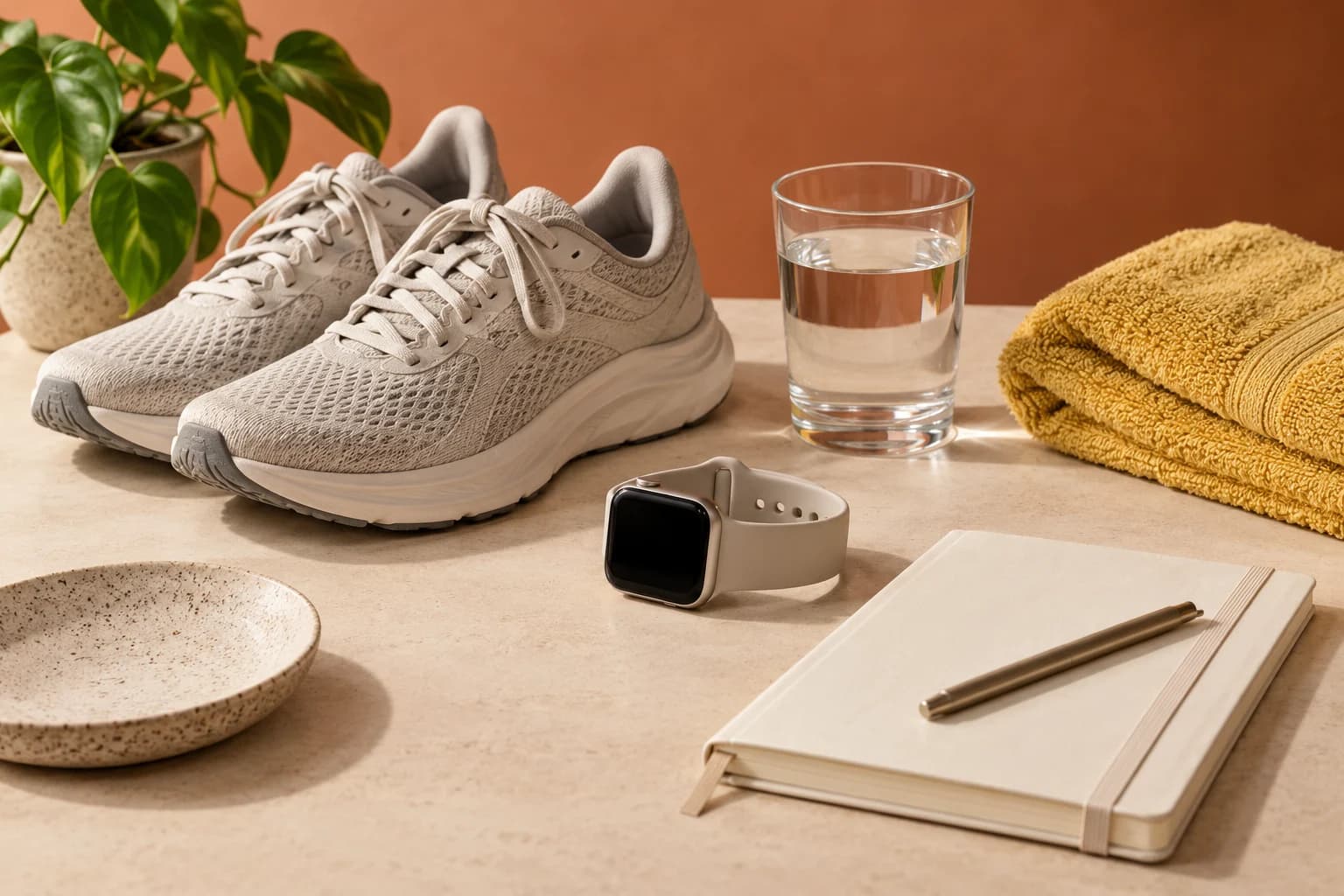 Walking shoes, a smartwatch, a journal and water on a warm terracotta studio set