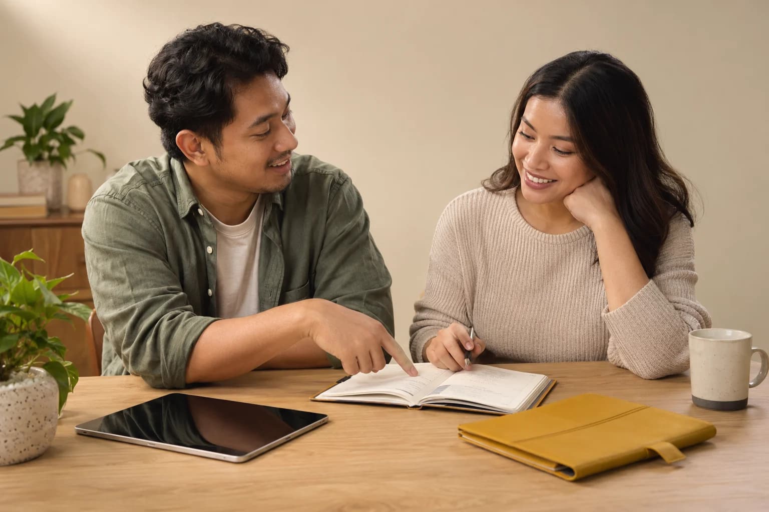 Two adults in casual clothing discussing their wellness journal on a warm neutral studio set