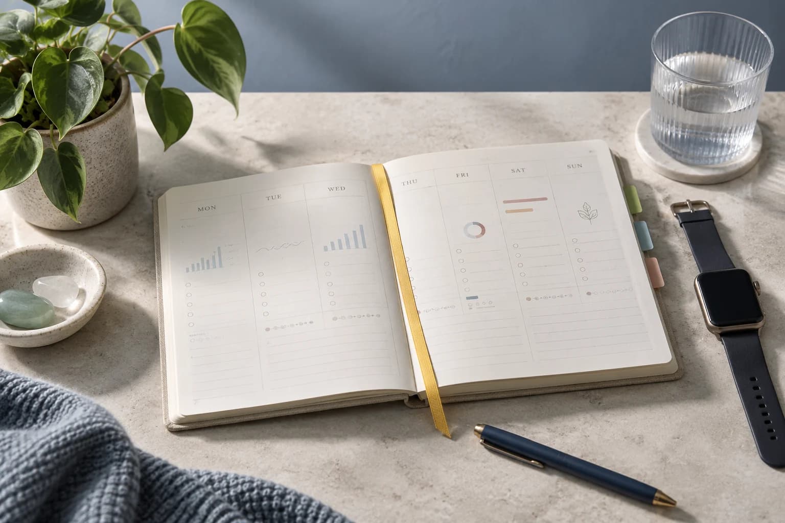 A weekly journal and smartwatch photographed on a slate-blue studio set