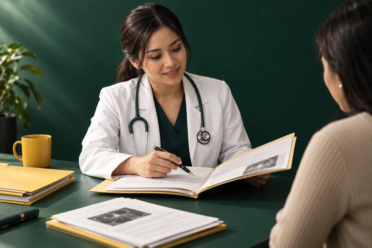 A doctor reviewing original medical reports with a patient on a green studio set