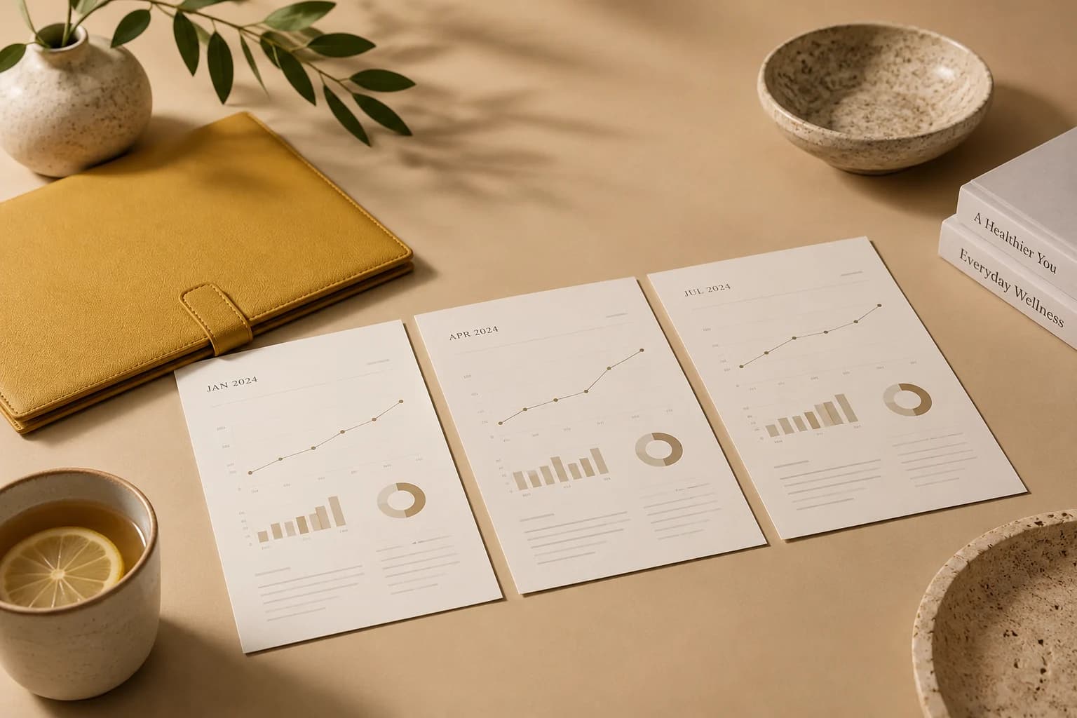Health reports arranged in a chronological sequence on a warm sand studio set