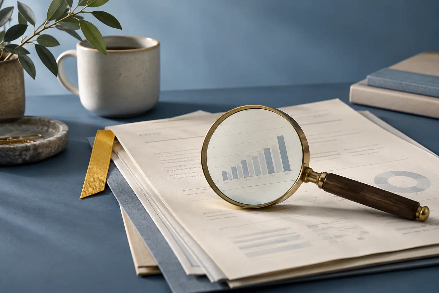 A magnifying glass over a health report on a dusty-blue studio set