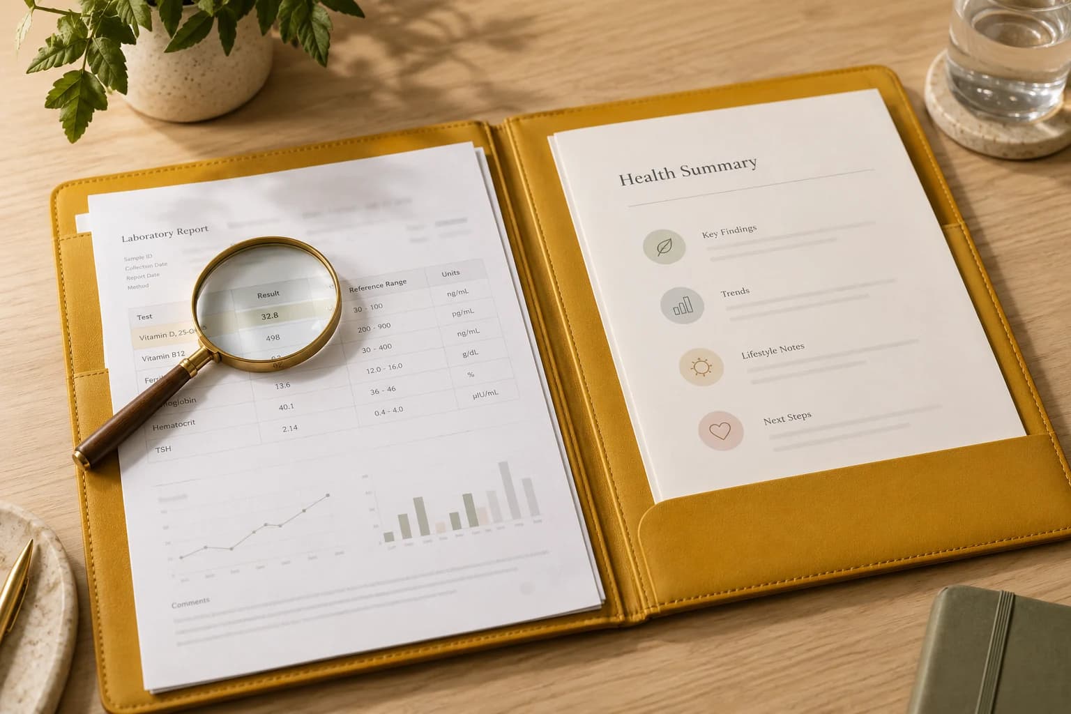 An original health report and summary beside a yellow folio on a warm ivory studio set