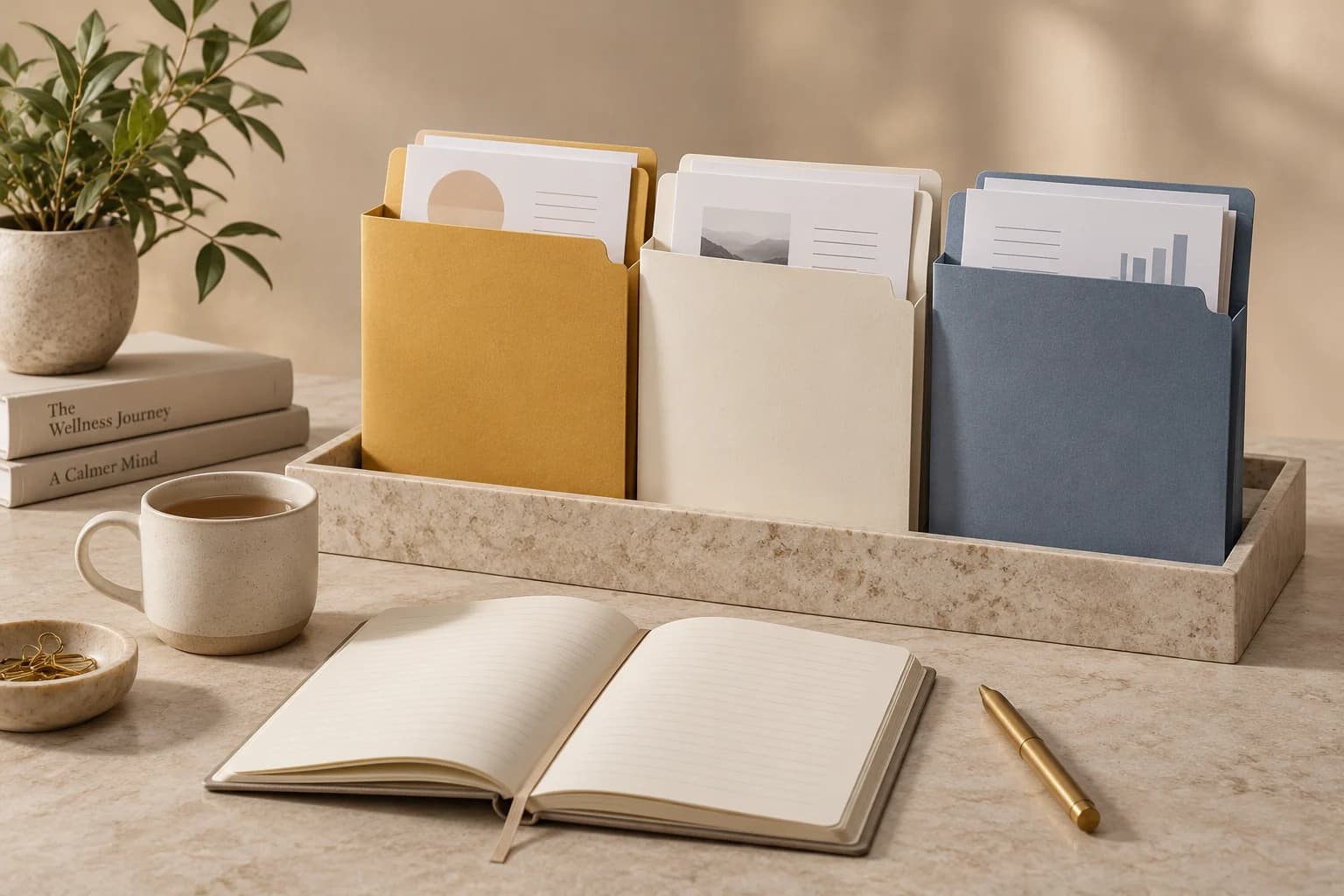 Three personal record folders and a planning notebook on a warm neutral studio set