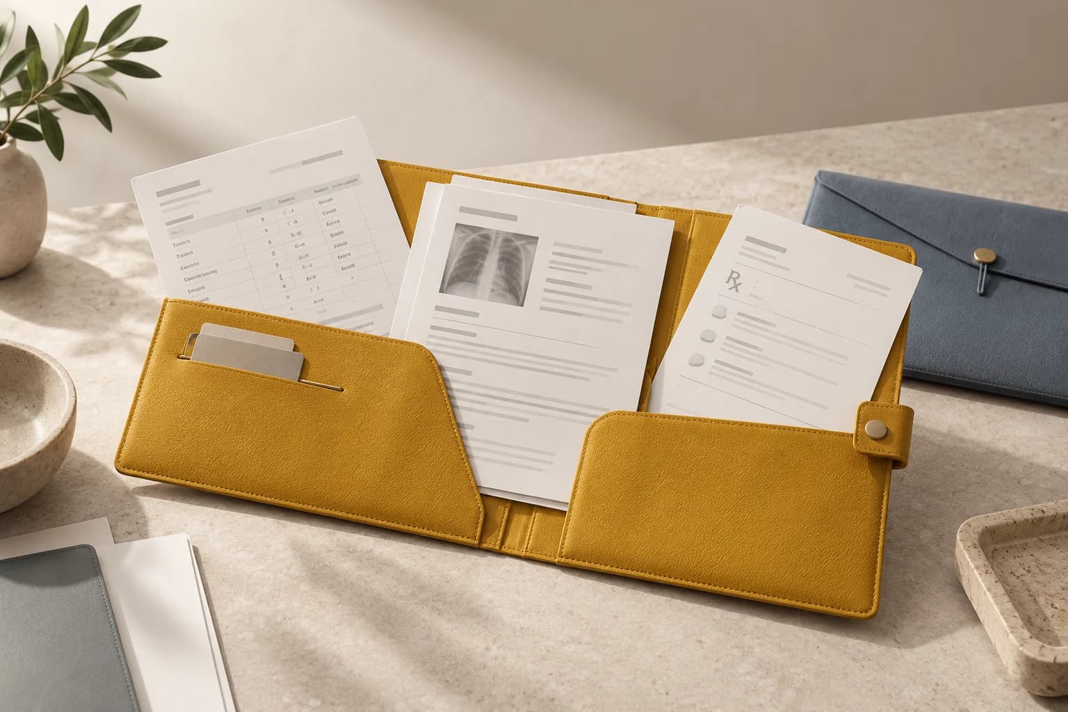 Lab reports, an imaging report and a prescription gathered into a yellow personal document folio on a warm neutral studio set
