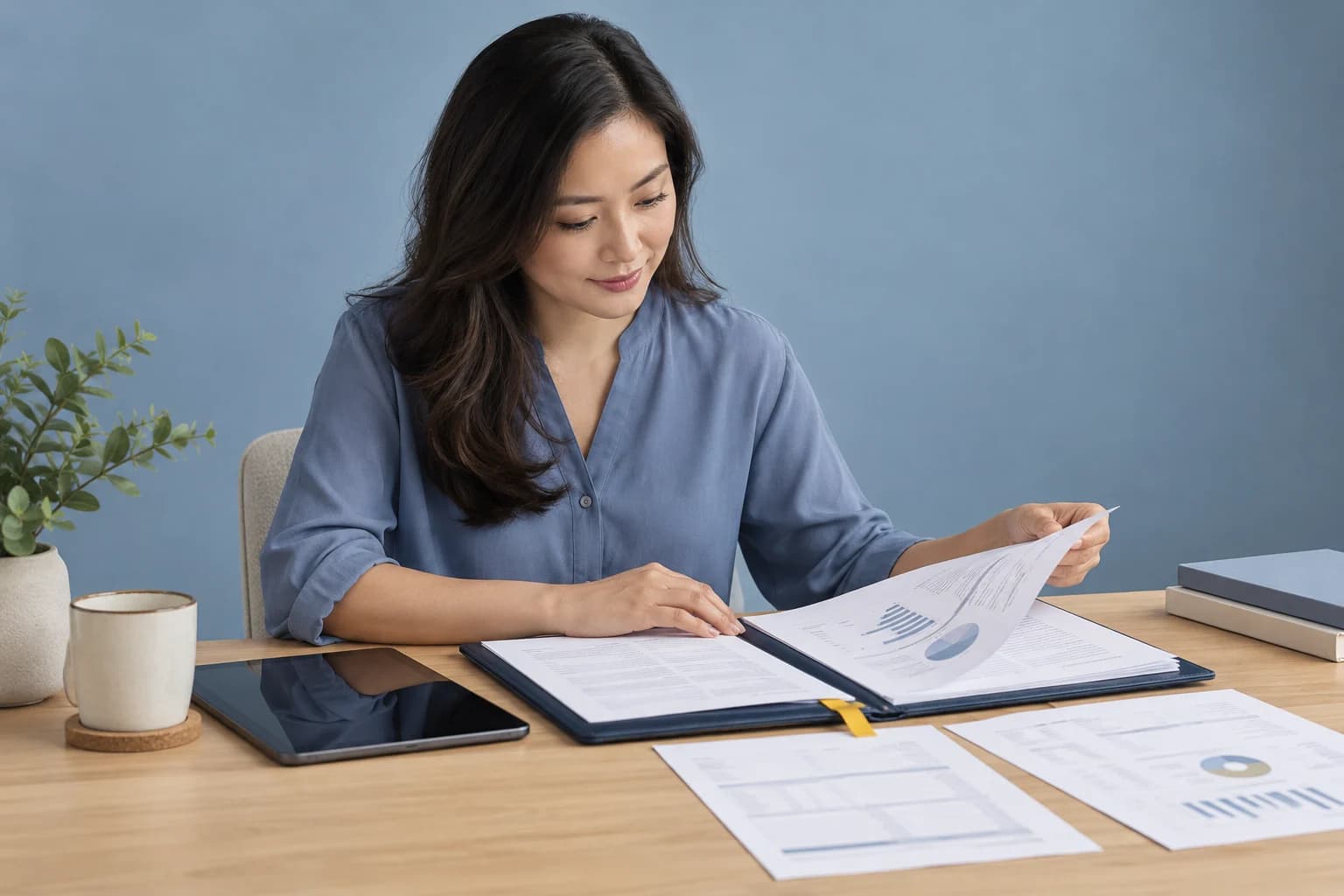 A woman in casual clothing reviewing personal health reports on a soft blue studio set