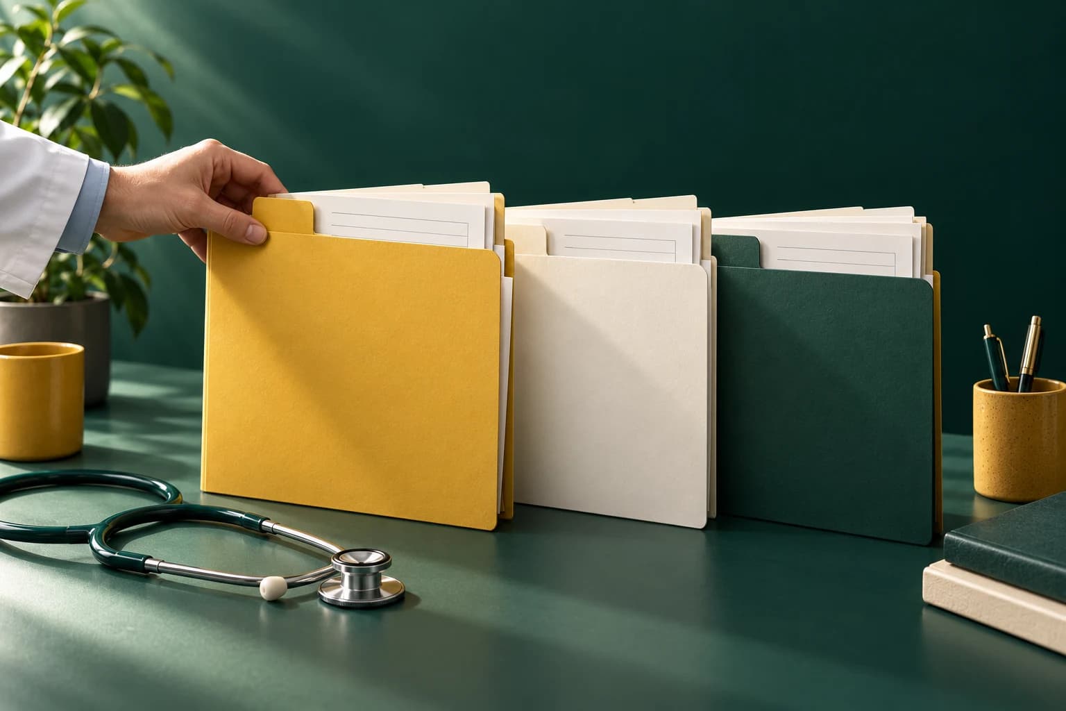 A clinician selecting one of three yellow, ivory and green patient folders
