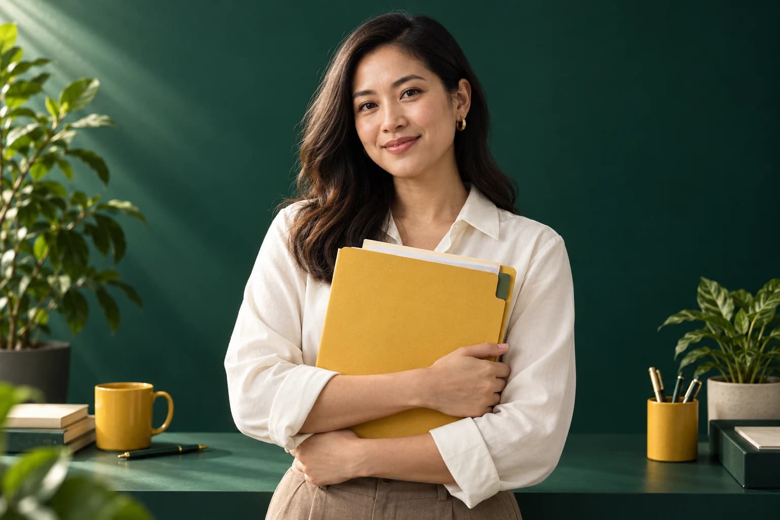 A woman holding her yellow personal medical folio in a softly lit green studio