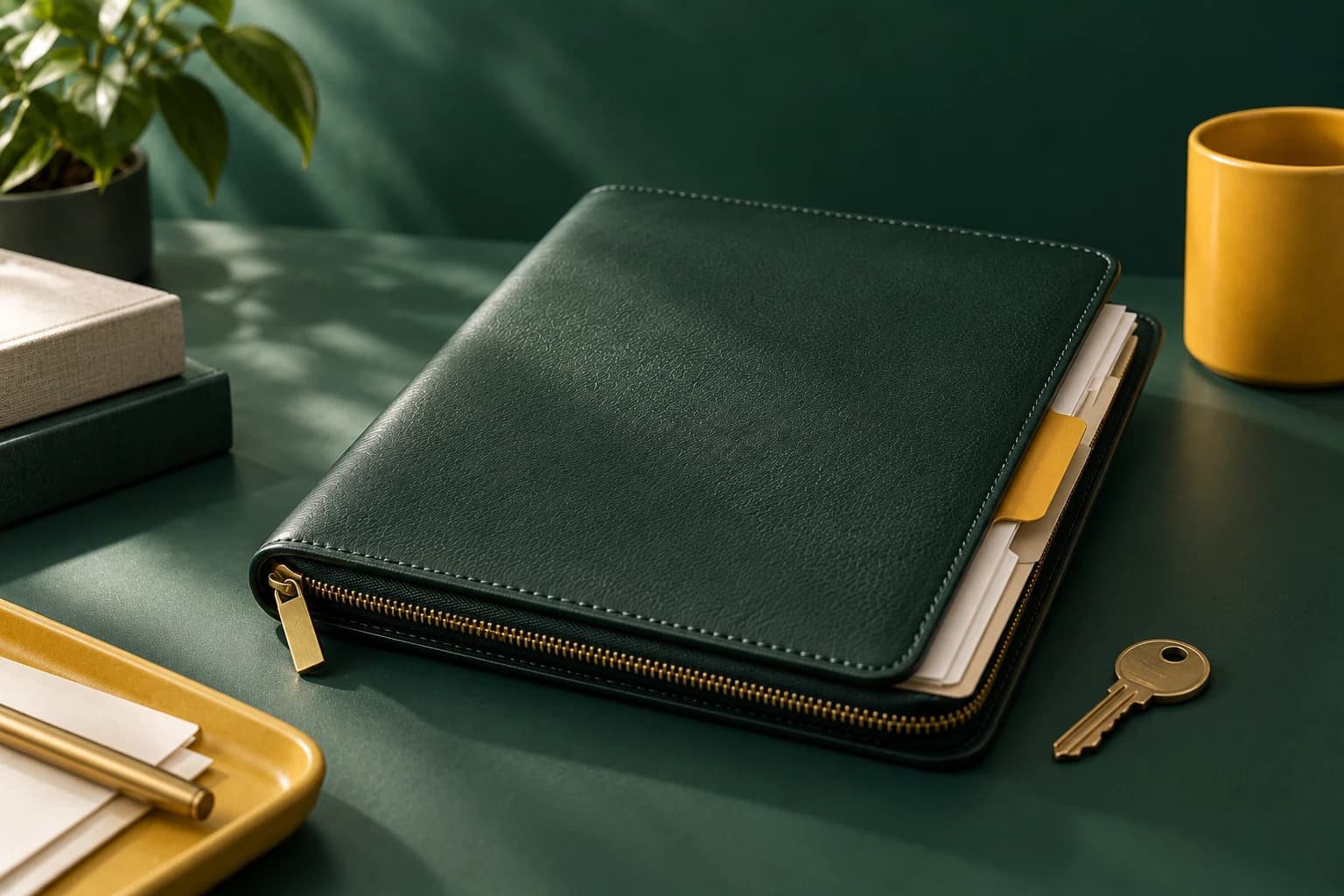 A closed green leather record folio with a brass key and yellow index tab