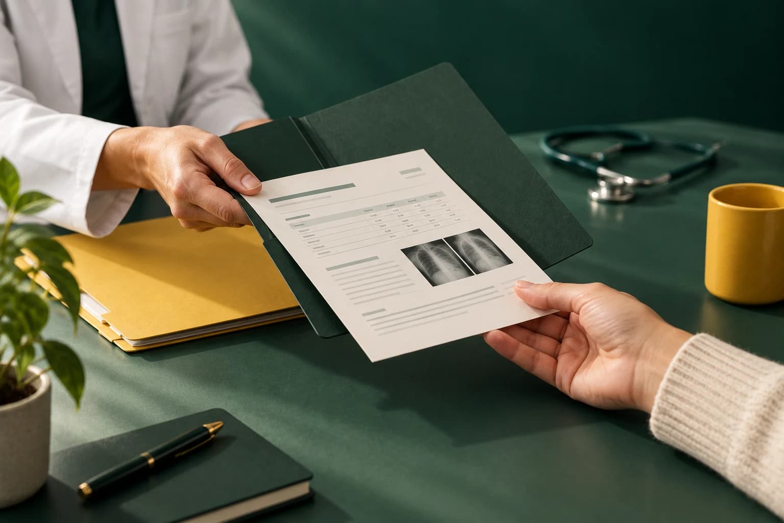 A selected paper health report being passed between two people across a green desk
