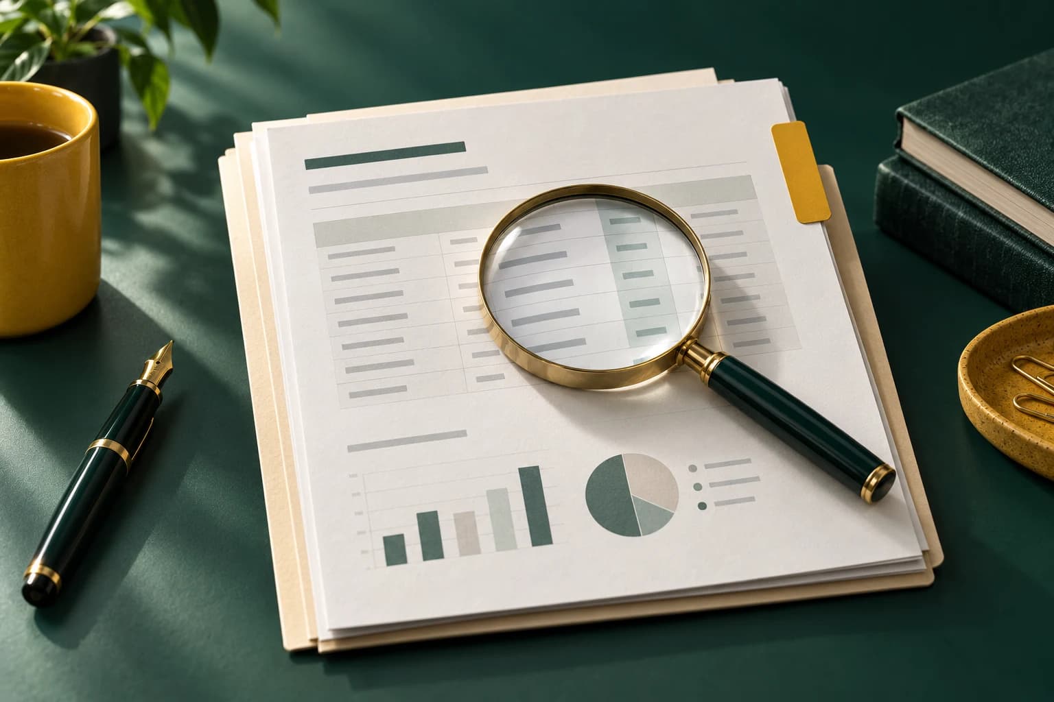 A brass magnifying glass over a paper report with a yellow bookmark and green pen