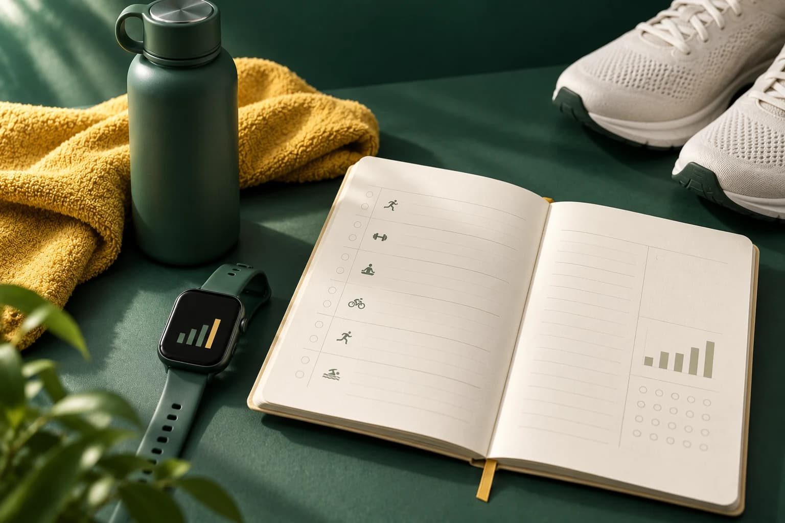 A smartwatch, exercise journal, yellow towel and running shoes photographed under studio lighting