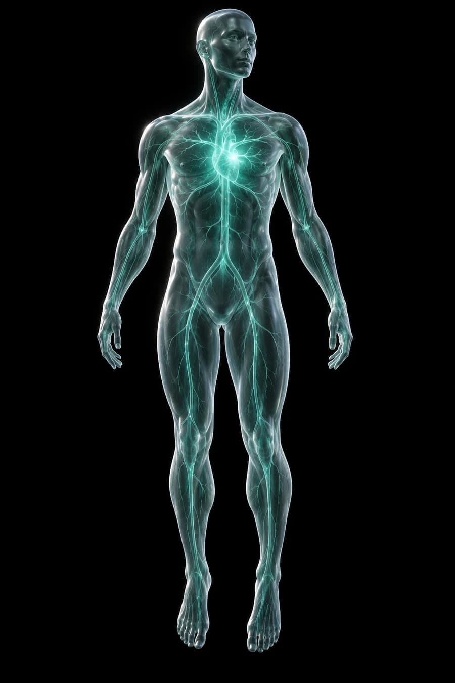 An illuminated glass human figure floating in darkness