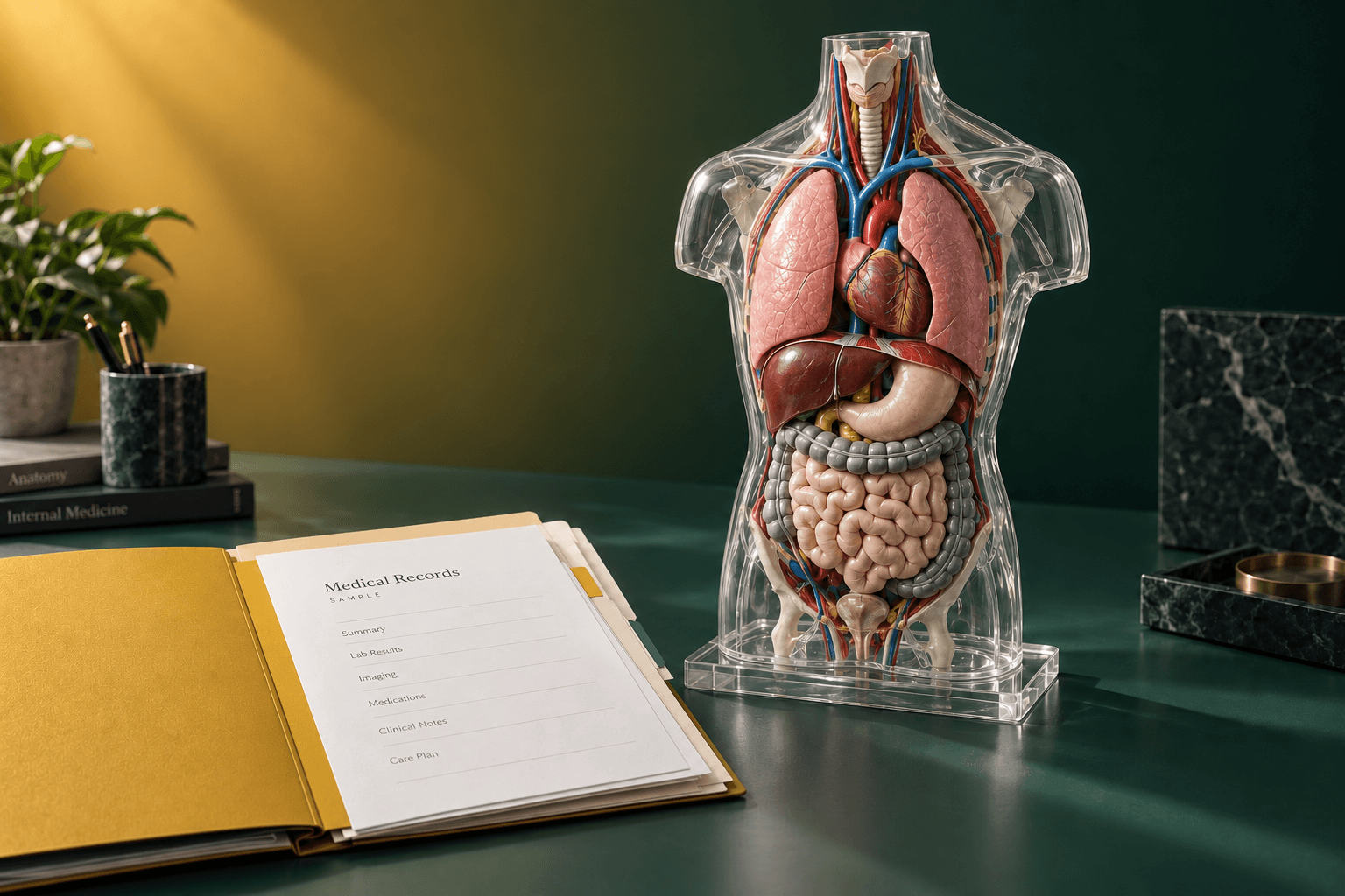A clear anatomical torso model beside a medical record folder