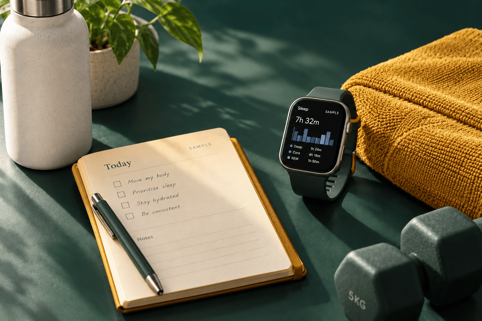 A smartwatch with sleep data beside an activity journal and exercise towel
