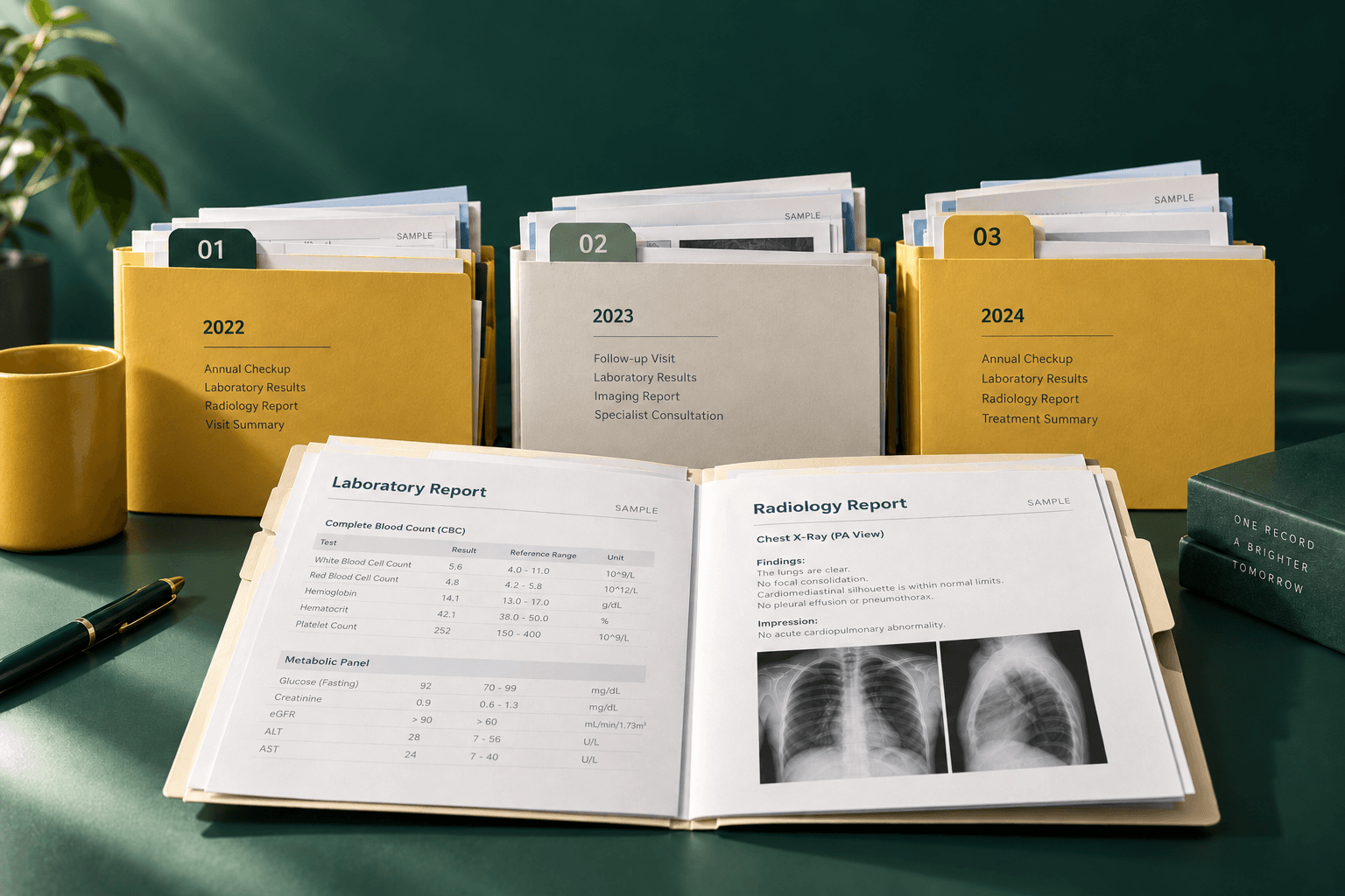 Chronological health report folders with original laboratory and imaging records