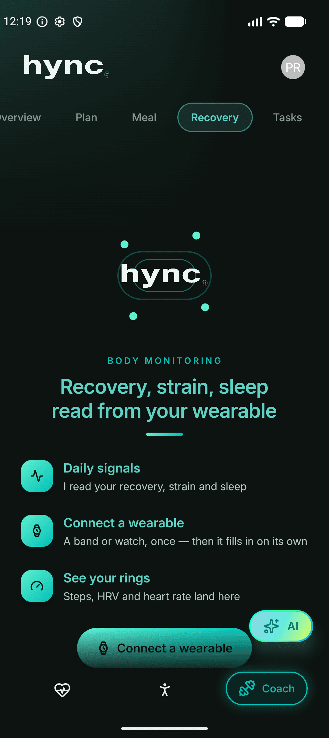 Coach recovery view with sleep and recovery information