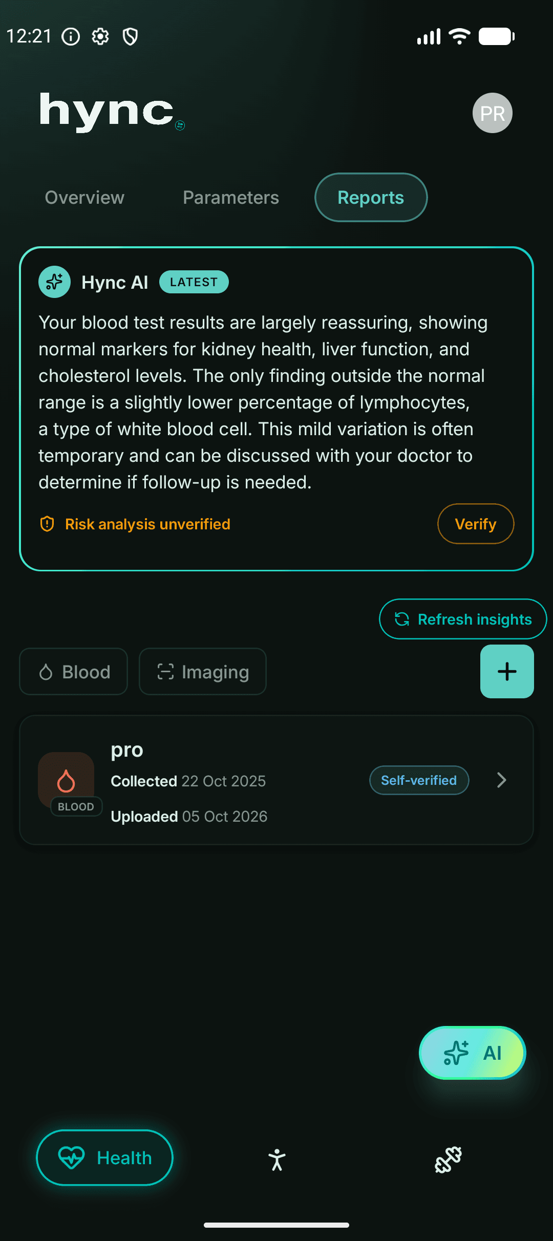 Health reports with an AI summary and the original blood test record