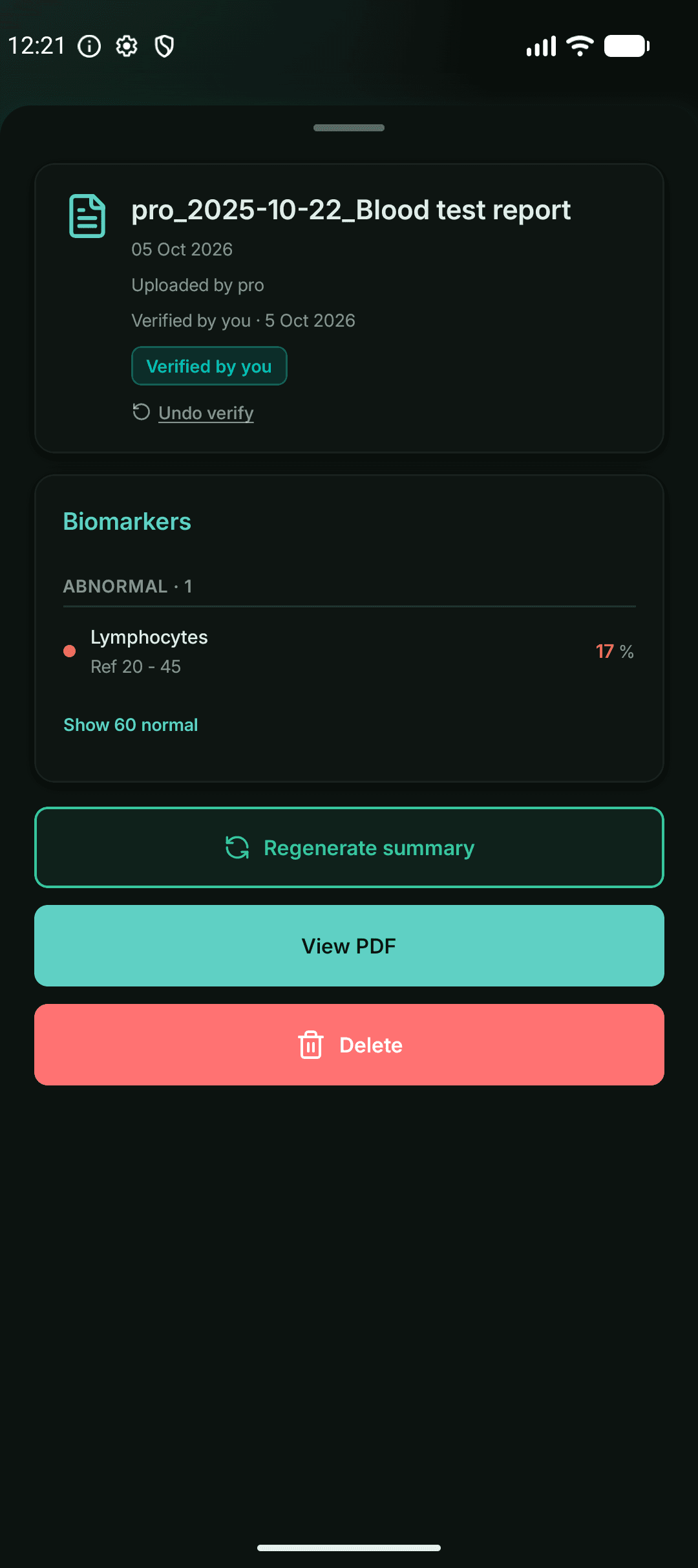 A laboratory report with its individual test results