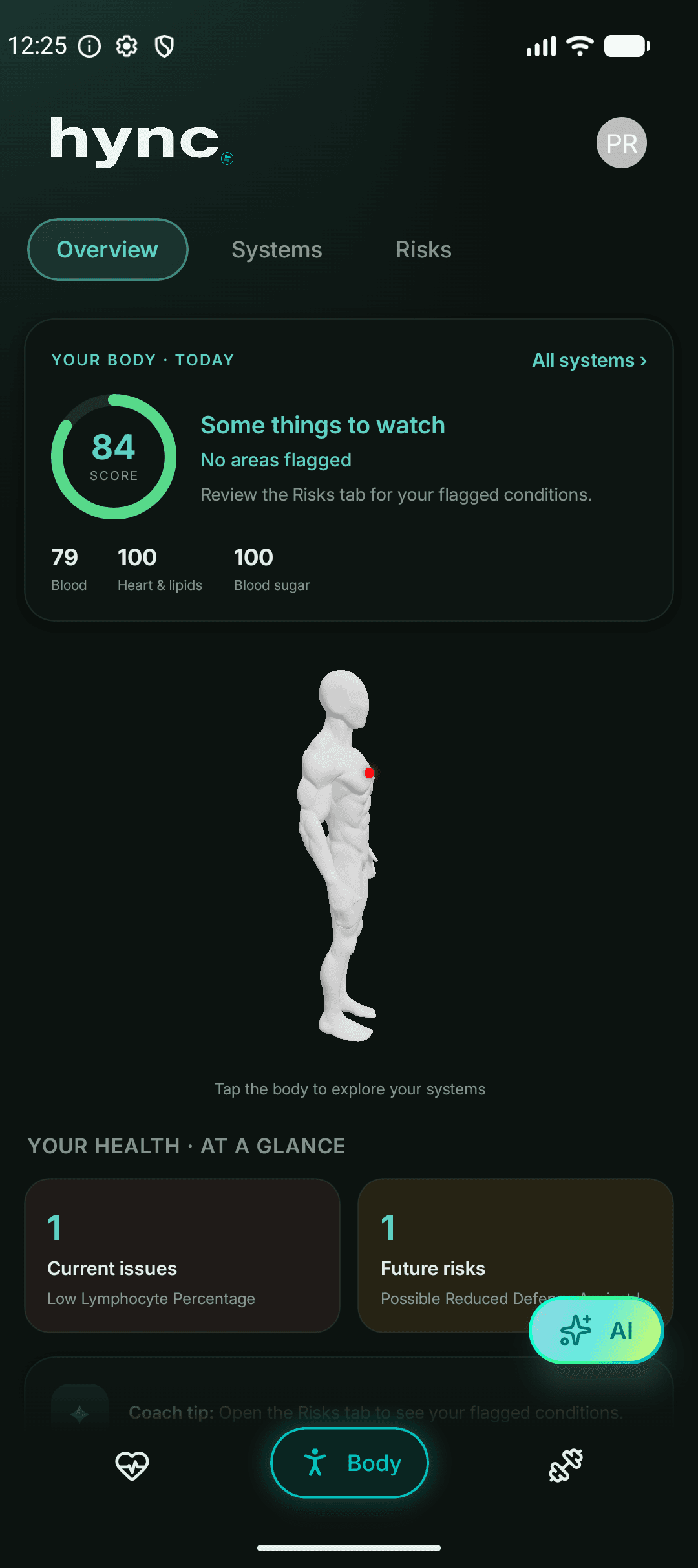 Body overview with a visual body map and related health information