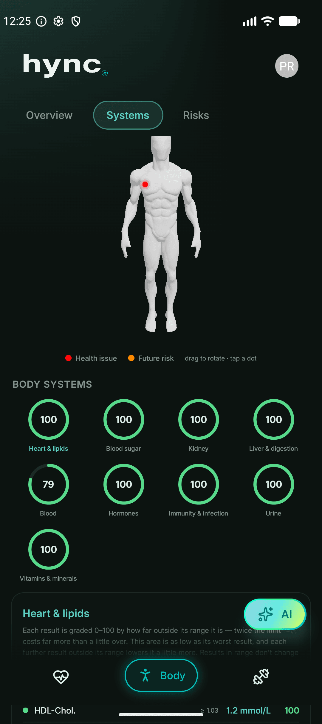 Body systems view with the body model and system scores