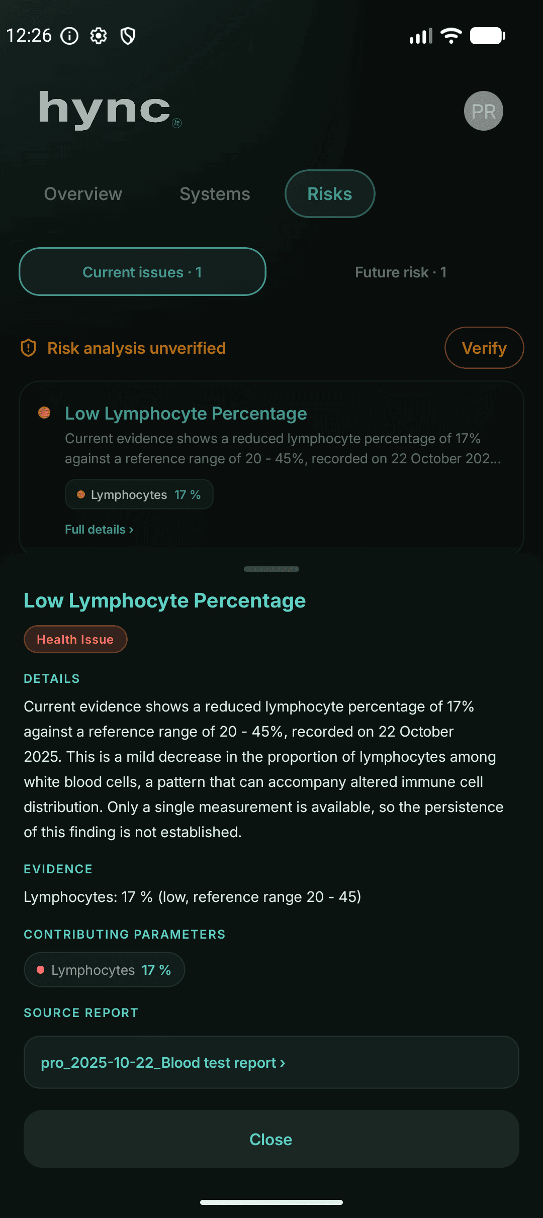 Body risk detail with supporting parameters and the source report